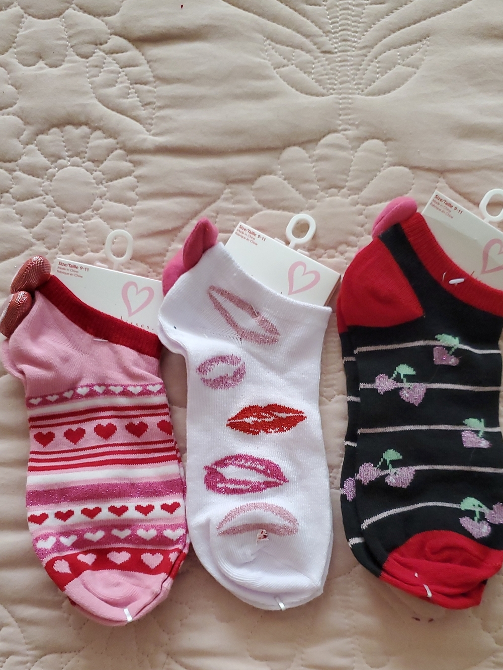 Girls Ankle Socks Trio with Hearts, Lips & Cherries - Pink, White, Black